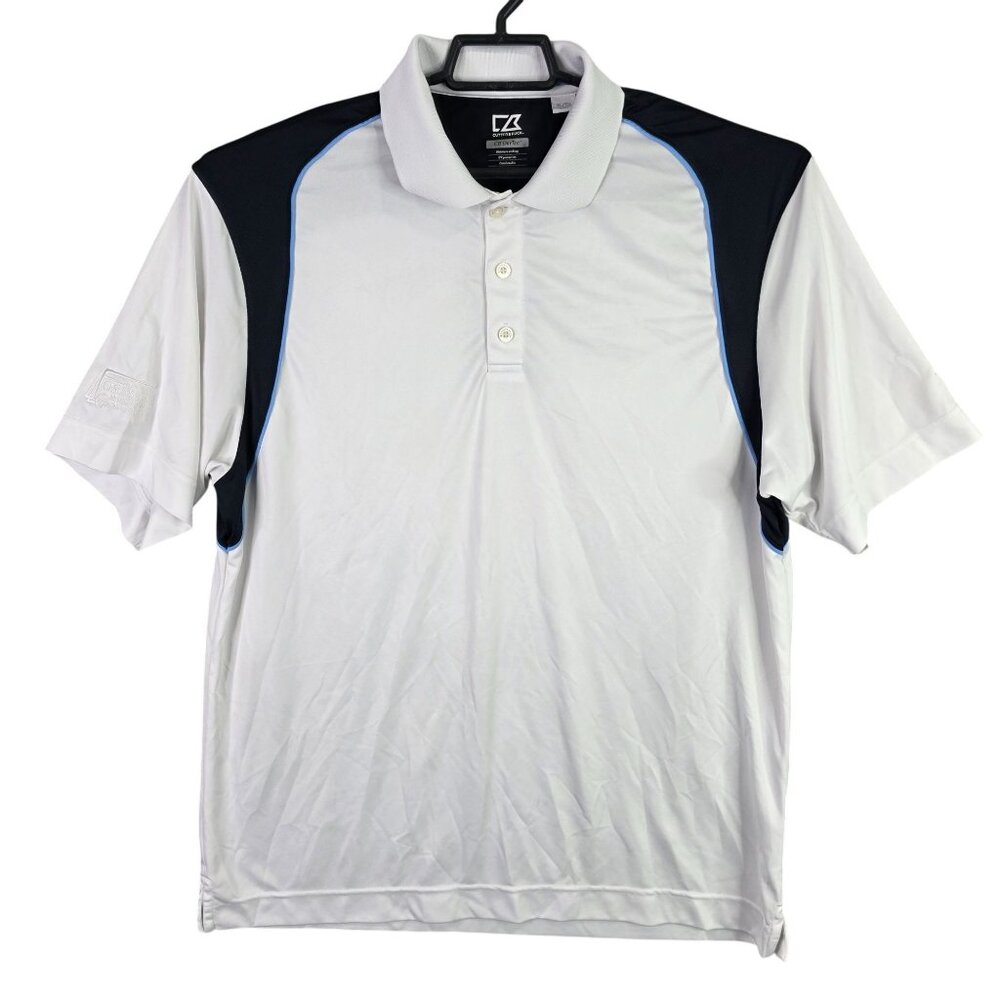 Mens Cutter & Buck White & Blue Dry Tec Polo Shirt 100% Polyester Rooski Golf XL